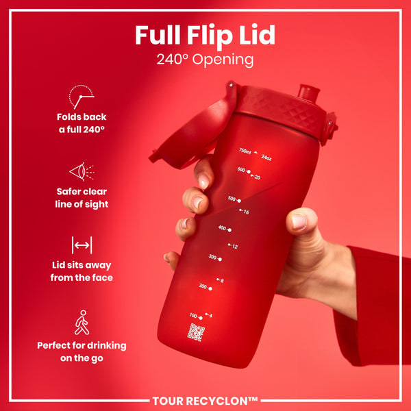 A red water bottle with a 240° opening flip lid is being held. The bottle has volume markings and a QR code. The background is also red.