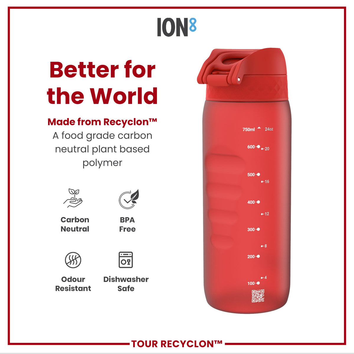 A red water bottle sits against a white background. It displays measurements in milliliters and ounces. Marketing text highlights its plant-based, carbon-neutral, and BPA-free construction.