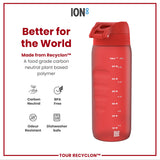 A red water bottle sits against a white background. It displays measurements in milliliters and ounces. Marketing text highlights its plant-based, carbon-neutral, and BPA-free construction.