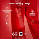 A red water bottle is being held against a red background. Features include a hide-away handle, a crevice-free design, and a wide opening mouth. The bottle is an award-winning design.