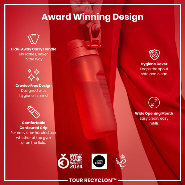 A red water bottle is being held against a red background. Features include a hide-away handle, a crevice-free design, and a wide opening mouth. The bottle is an award-winning design.