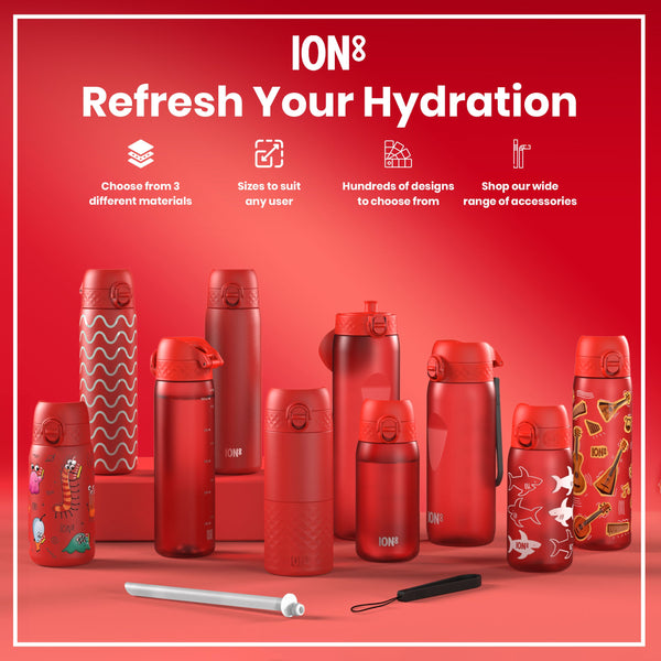 Several red water bottles, of varying sizes and designs, are displayed on a red surface. They are accompanied by a straw and a carrying strap. The text reads: "ION8 Refresh Your Hydration," and details about materials, sizes, designs, and accessories.