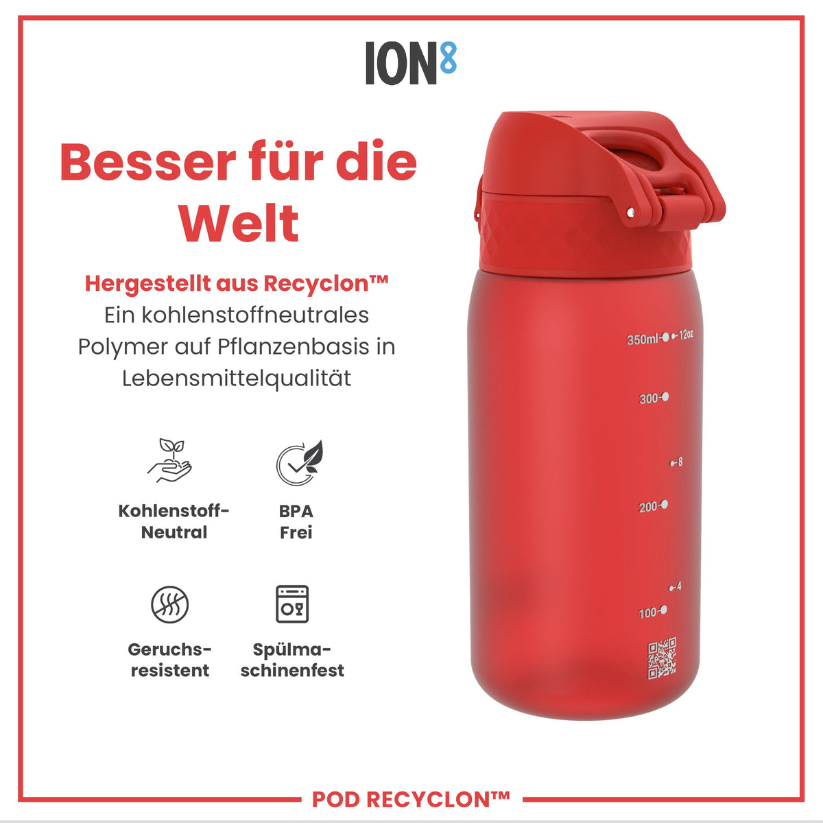 Recyclon Wasserflasche, Rot, 350 ml