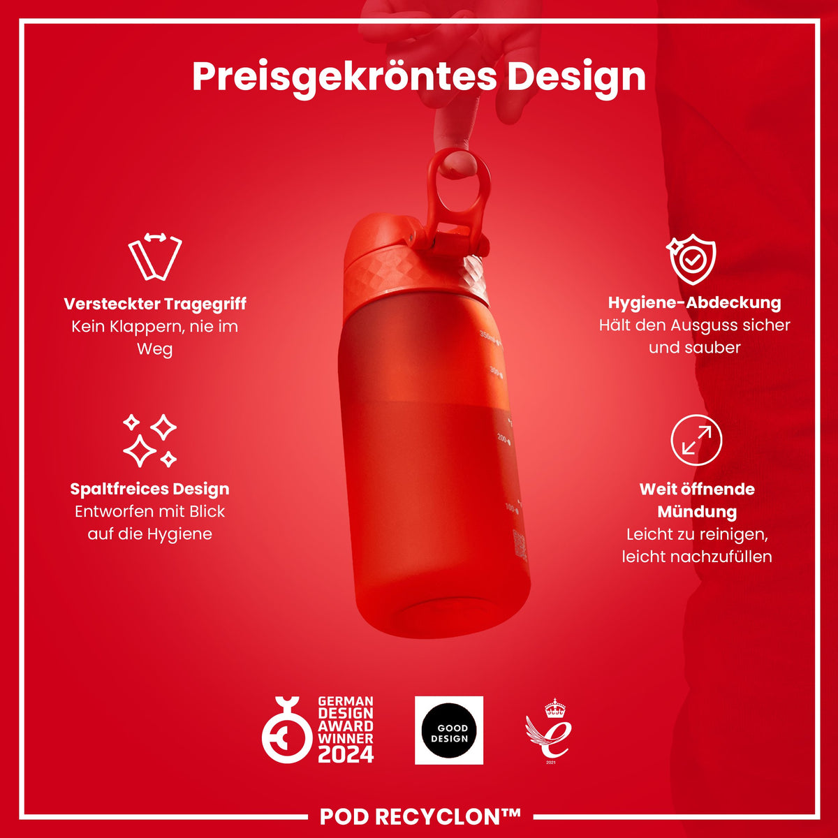 Recyclon Wasserflasche, Rot, 350 ml