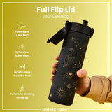 A black water bottle, adorned with gold celestial designs, is held; its full flip lid opens 240 degrees. The bottle's design facilitates easy, safe drinking on the go. It's called 