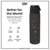 A dark-grey water bottle, adorned with gold celestial designs, sits against a white background. It's made from a plant-based polymer, and is BPA free, odour resistant, and dishwasher safe. The bottle is advertised as 