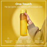 A yellow water bottle is being held; its flip top opens one-handed. The bottle is shown against a yellow background with text describing its features: 