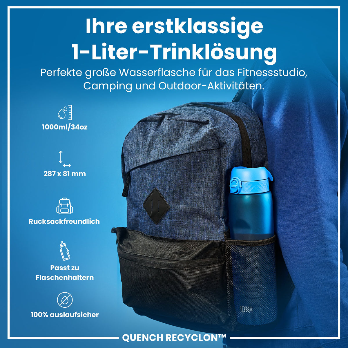 Recyclon-Wasserflasche, Blau, 1 L