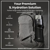 A grey water bottle is secured in a grey backpack's side pocket. The bottle is 1000ml/34oz and backpack-friendly. The text reads: 