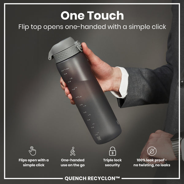 A dark-grey water bottle is held; its flip top opens one-handed. The bottle features volume markings and is shown against a dark-grey background. "One Touch. Flip top opens one-handed with a simple click. QUENCH RECYCLON™" is also present.