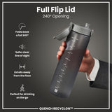 A dark-gray water bottle with a 240° opening lid is held by a hand. The bottle features volume markings in milliliters and ounces. The background is a dark gray.