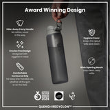 A dark-grey water bottle is being held; its features are highlighted, including a hide-away handle, crevice-free design, contoured grip, hygiene cover, and wide mouth. The bottle is award-winning.