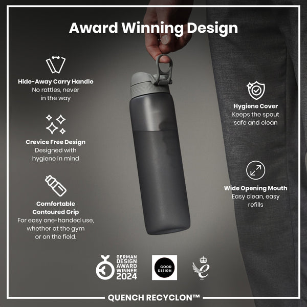 A dark-grey water bottle is being held; its features are highlighted, including a hide-away handle, crevice-free design, contoured grip, hygiene cover, and wide mouth. The bottle is award-winning.