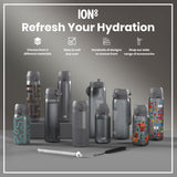 Several ION8 water bottles, various sizes and designs, are displayed on a grey surface; marketing materials highlight material choices, sizing, designs, and accessories.