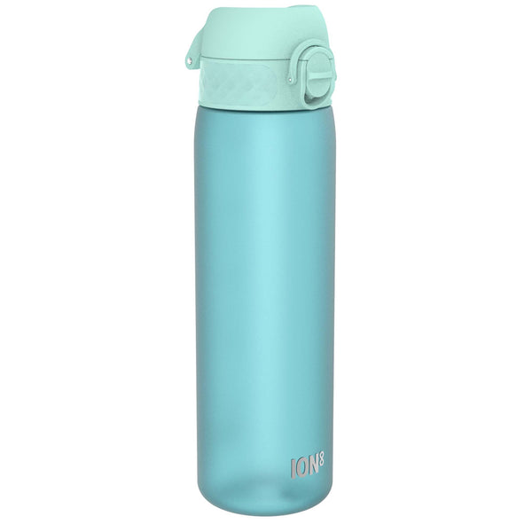A light teal water bottle, with a light teal screw-on lid, sits against a white background. ION8 is printed on the bottle.