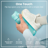 A teal water bottle is held; its flip top opens with a single click. The hand is shown against a light blue background, with a white sneaker visible. 