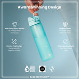 A light teal water bottle is being held; it features a hideaway handle and a hygienic cover. The bottle is award-winning, with a crevice-free design and wide mouth for easy cleaning and refilling. The text also states that it is a 