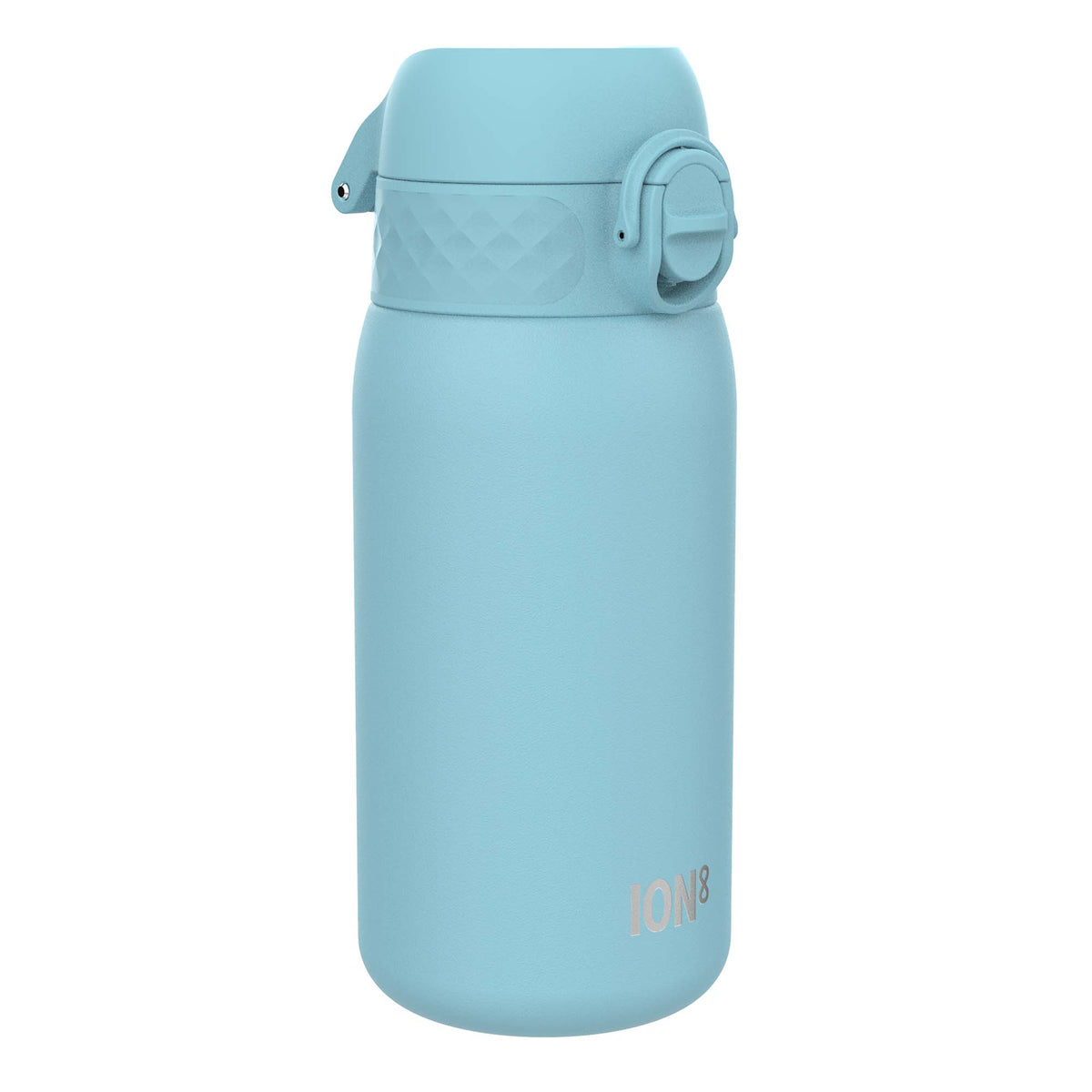 A light-blue water bottle stands upright against a white background. The bottle features a carrying handle and the logo "ION8".