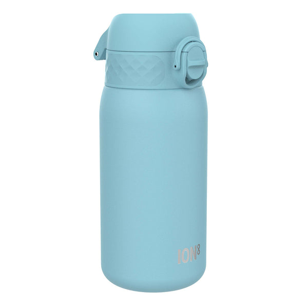 A light-blue water bottle stands upright against a white background. The bottle features a carrying handle and the logo "ION8".