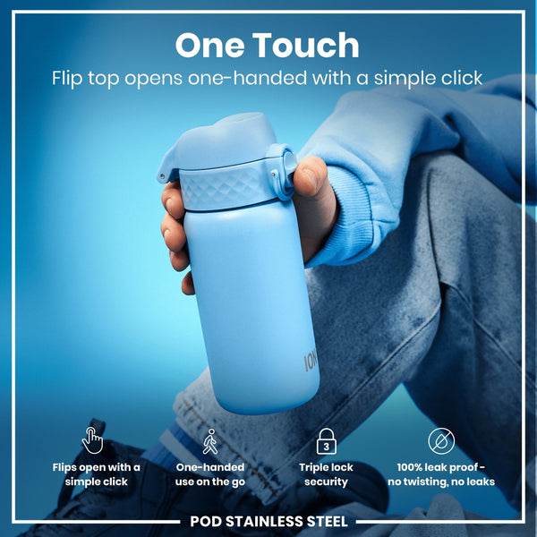 A light-blue stainless steel water bottle is held; its flip top opens one-handed. The bottle is shown against a blue background and being held by a person wearing blue jeans. "One Touch," "Flip top opens one-handed with a simple click," "Flips open with a simple click," "One-handed use on the go," "Triple lock security," "100% leak proof - no twisting, no leaks," and "POD STAINLESS STEEL" are also visible.