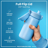 A light-blue stainless steel water bottle with a full flip lid is held; its 240° opening is shown. The bottle's features are highlighted against a blue background. POD STAINLESS STEEL.