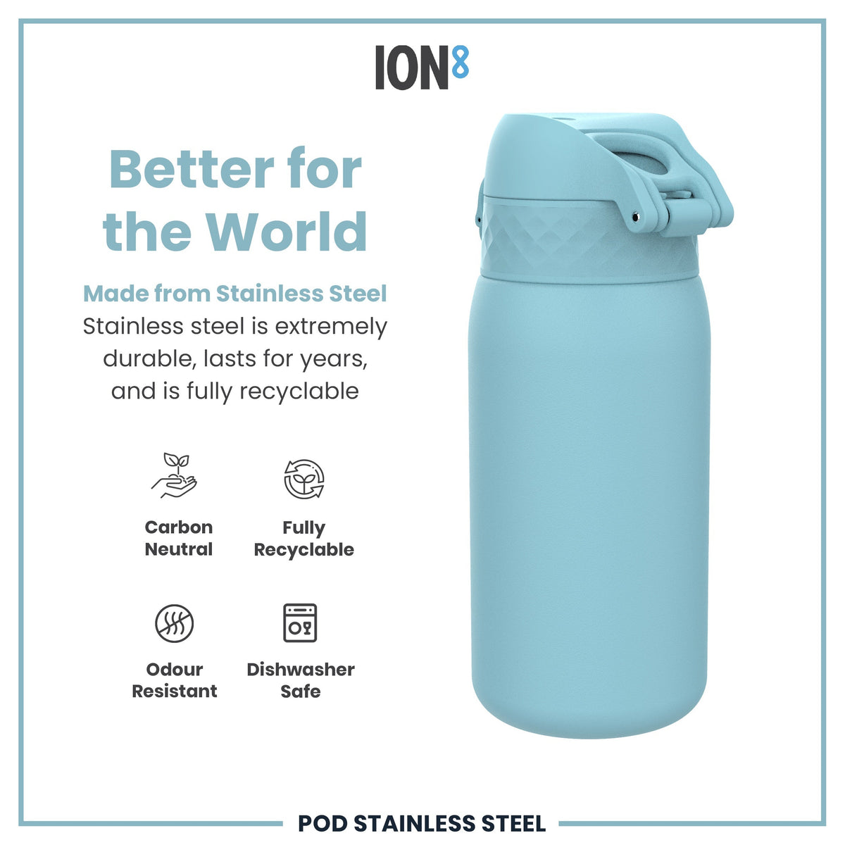 A light-blue stainless steel water bottle sits on a white background. It's described as better for the world, durable, recyclable, carbon neutral, odour resistant and dishwasher safe.