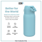 A light-blue stainless steel water bottle sits on a white background. It's described as better for the world, durable, recyclable, carbon neutral, odour resistant and dishwasher safe.