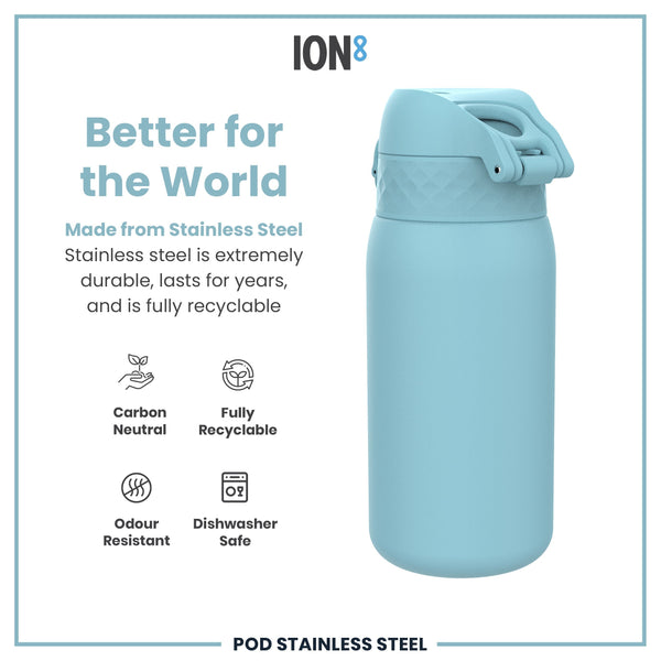 A light-blue stainless steel water bottle sits on a white background. It's described as better for the world, durable, recyclable, carbon neutral, odour resistant and dishwasher safe.