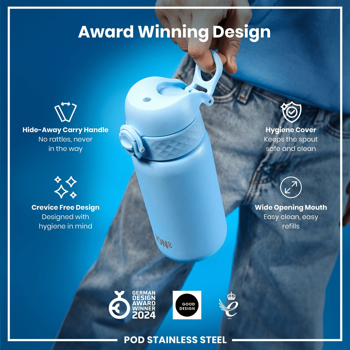 A light-blue water bottle is being held; its features include a hide-away handle, hygiene cover, and wide mouth. The bottle is a German Design Award winner (2024), and a Good Design award winner.