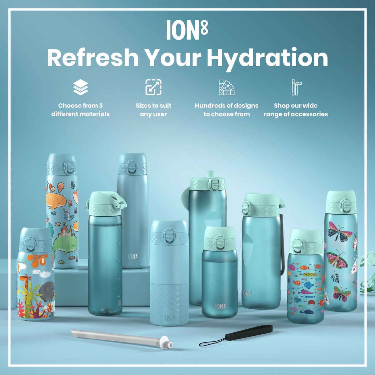 Several water bottles, various sizes and designs, are displayed on a light blue surface; "ION8 Refresh Your Hydration" is the headline.