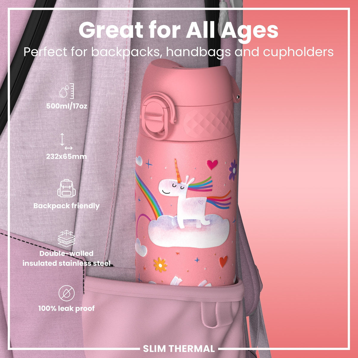 Isolierte Edelstahl-Wasserflasche, Einhorn-Design, 500 ml