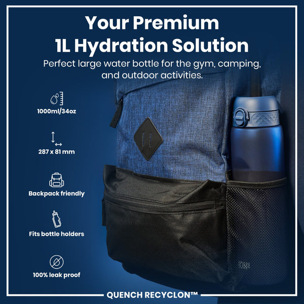 A large, blue water bottle is nestled in a backpack's side pocket. The bottle is 1000ml/34oz, 287x81mm, backpack-friendly, fits bottle holders, and is leak-proof. The backpack is blue and black. The product is called "QUENCH RECYCLON™".