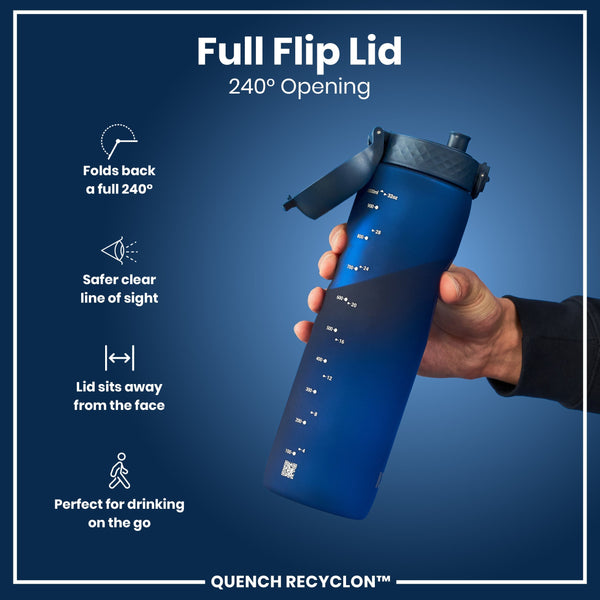 A blue water bottle with a 240° opening flip lid is held by a hand against a dark blue background. The bottle displays measurement markings in milliliters and ounces. QUENCH RECYCLON™ is also printed on the bottle.