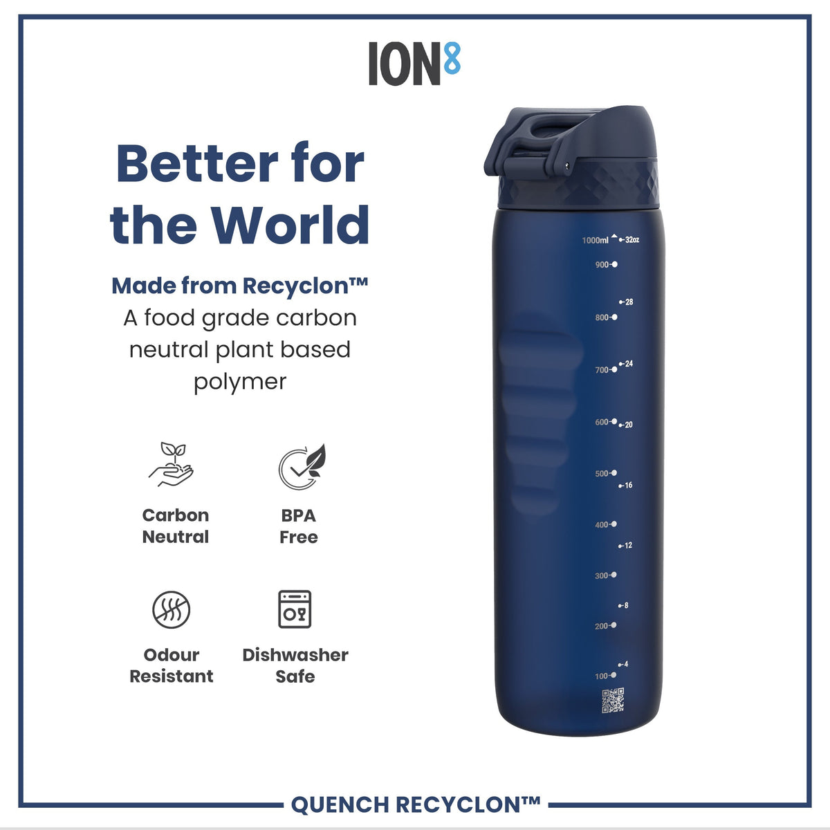 A dark-blue water bottle sits against a white background; it displays volume markings and is made from a plant-based polymer. The text reads: “Better for the World. Made from Recyclon™. A food grade carbon neutral plant based polymer. Carbon Neutral. BPA Free. Odour Resistant. Dishwasher Safe. ION8. QUENCH RECYCLON™.”