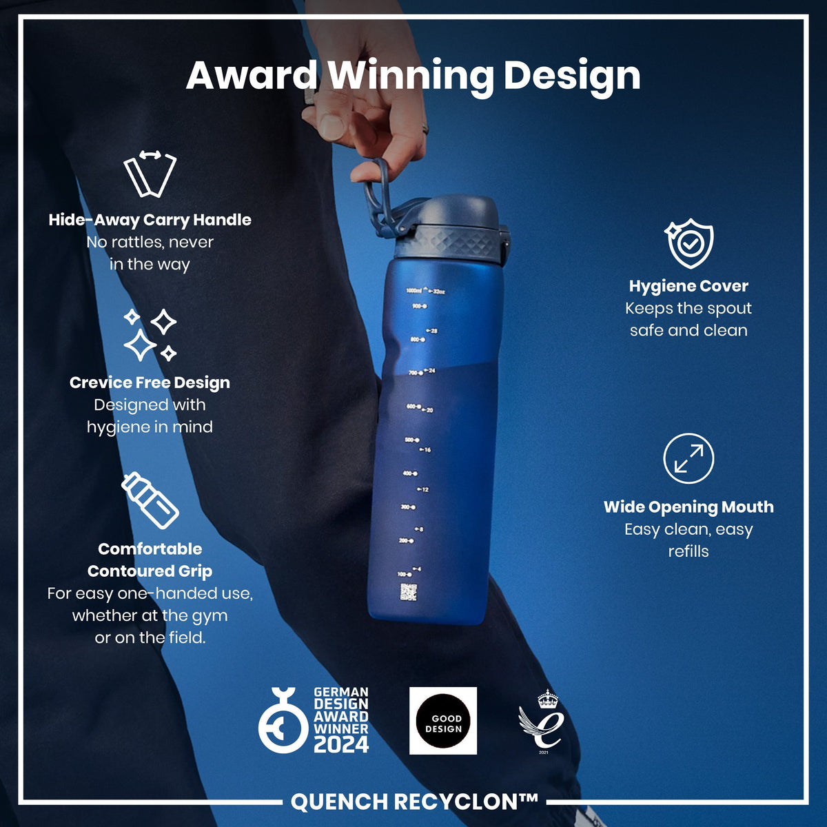 A person holds a blue water bottle; it features a hide-away handle, crevice-free design, contoured grip, and wide mouth. The bottle is an award-winning design.