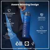 A person holds a blue water bottle; it features a hide-away handle, crevice-free design, contoured grip, and wide mouth. The bottle is an award-winning design.
