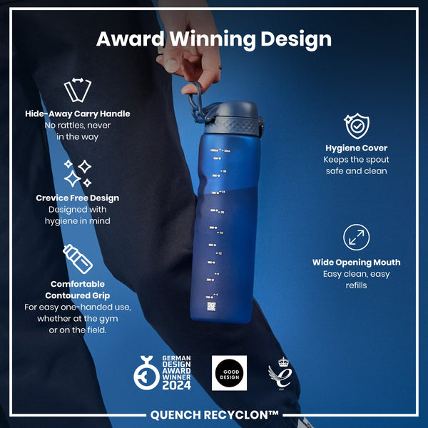 A person holds a blue water bottle; it features a hide-away handle, crevice-free design, contoured grip, and wide mouth. The bottle is an award-winning design.