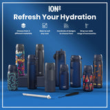 Several ION8 water bottles, in various sizes and colorful designs, are displayed on a blue surface. Accessories are also shown. The text reads: 
