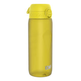 A yellow water bottle stands against a white background. The bottle has a flip-top lid and the brand name 