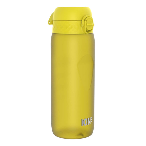 A yellow water bottle stands against a white background. The bottle has a flip-top lid and the brand name "ION8" is printed near the bottom.