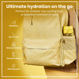 A tan backpack holds a yellow water bottle. It is designed for outdoor use, cycling, or work. The bottle is 750ml/24oz, 224 x 78 mm, backpack friendly, fits bottle holders and is 100% leak proof. TOUR RECYCLON™