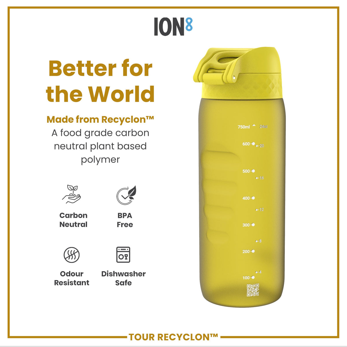 A yellow water bottle, sits upright, showcasing measurement markings and sustainability features, against a white background with text that emphasizes its eco-friendly material.