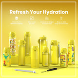 Yellow water bottles, various sizes and designs, are displayed on a yellow background. A tagline reads 