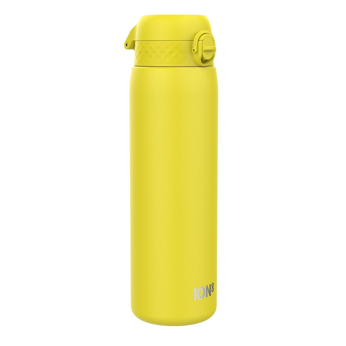 A yellow water bottle stands upright against a white background. The bottle has a screw-on lid and the word "ION8" is printed on its side.