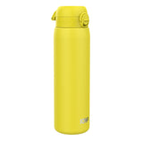 A yellow water bottle stands upright against a white background. The bottle has a screw-on lid and the word 