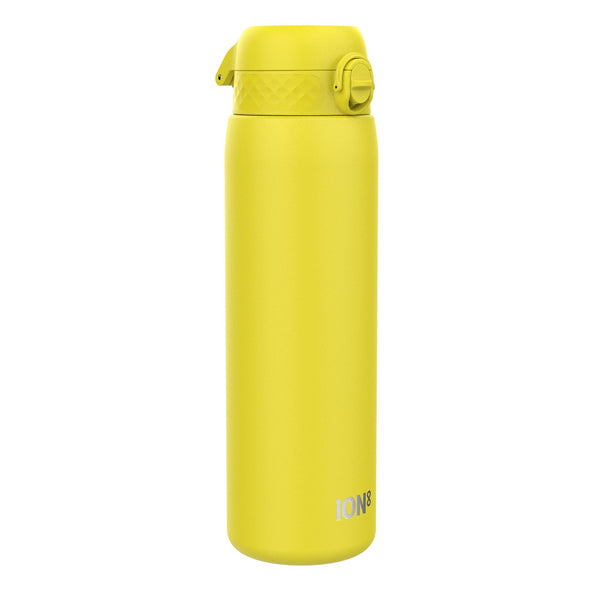 A yellow water bottle stands upright against a white background. The bottle has a screw-on lid and the word "ION8" is printed on its side.