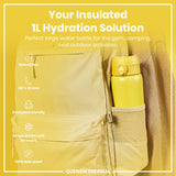 A yellow, insulated water bottle fits inside a tan backpack's pocket; it's designed for gym, camping, and outdoor use. 920ml/31oz; 287 x 81 mm; backpack friendly; keeps drinks cold for hours; 100% leak proof. QUENCH THERMAL.