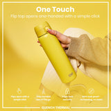 A yellow ION8 water bottle is held; its flip top opens one-handed. The context is a yellow background; text highlights features. 
