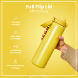 A yellow water bottle with a flip lid is held; its lid opens 240 degrees. The bottle is shown against a yellow background; text highlights its features for on-the-go use.
