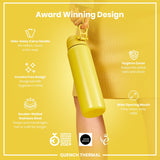 A yellow water bottle is being held; it has a hide-away handle, crevice-free design, hygiene cover, and wide opening mouth. The bottle is double-walled stainless steel, keeping beverages hot or cold longer. It is an award-winning design.